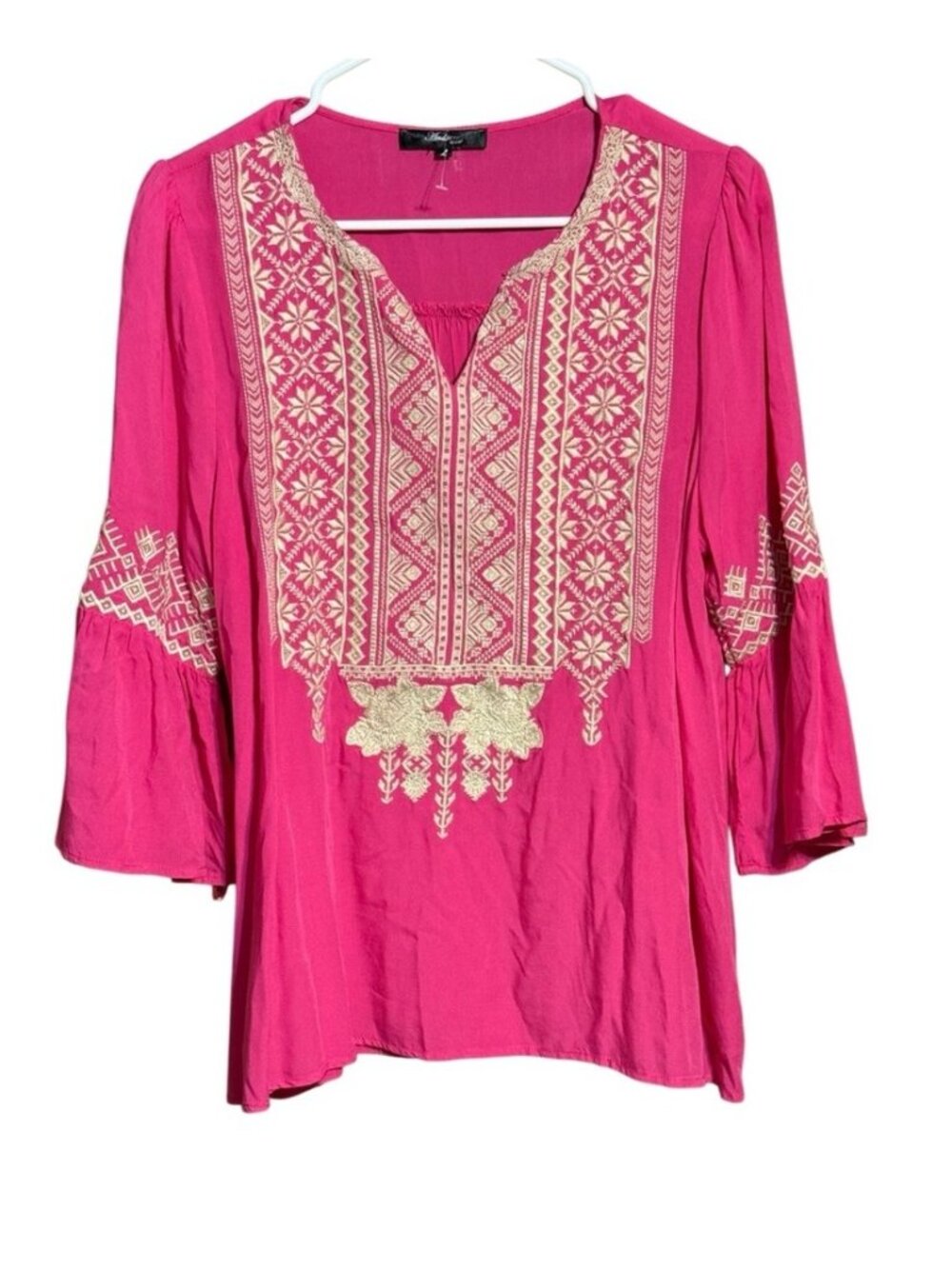Pink Embroidered Boho Blouse Bell Sleeve Rayon Top